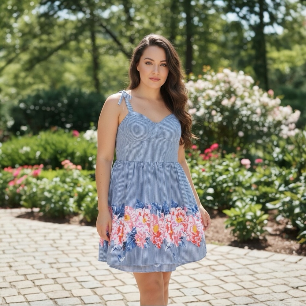 Derek Heart Blue & White Striped Floral Sleeveless Mini Dress Size Large